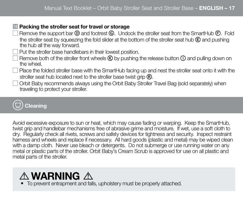 Warning | Orbit Baby G3 Stroller Base and Stroller Seat User Manual | Page 25 / 32