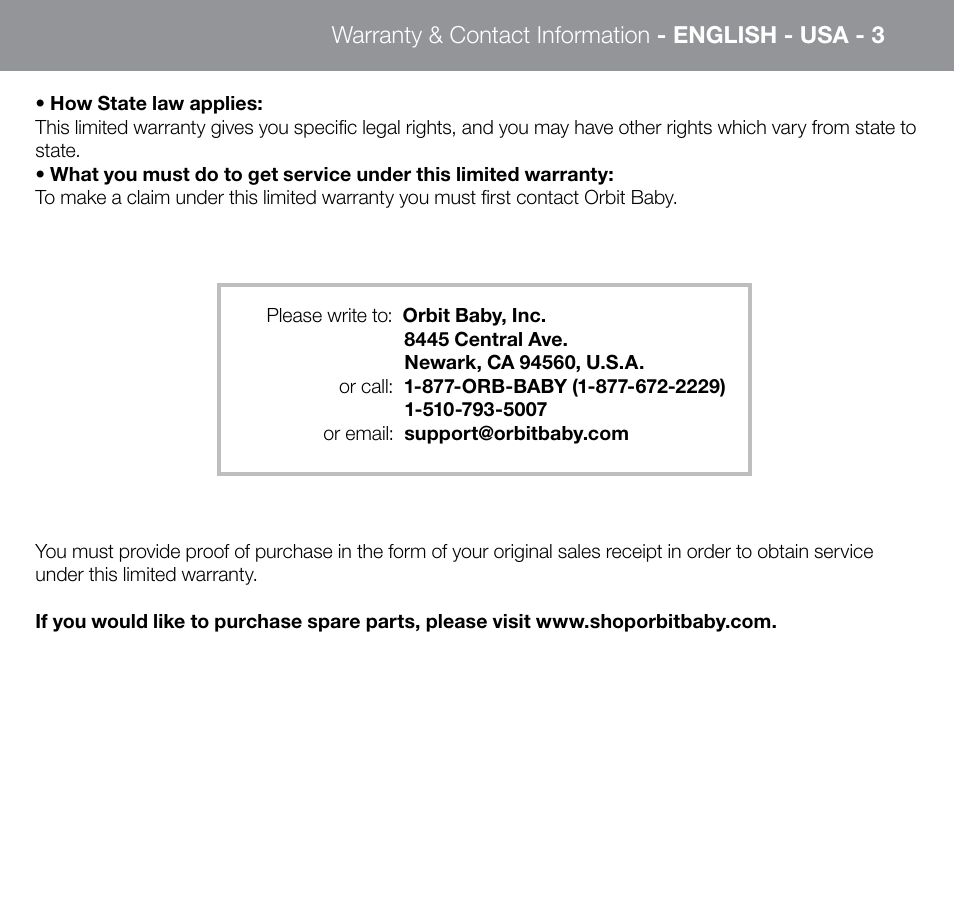 Warranty & contact information - english - usa - 3 | Orbit Baby G3 Stroller Base and Stroller Seat User Manual | Page 31 / 32