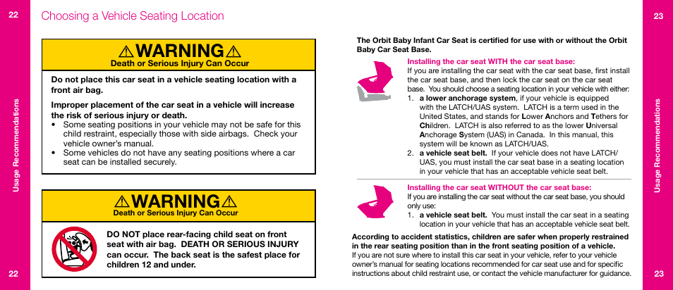 Warning, Choosing a vehicle seating location | Orbit Baby G3 Infant Car Seat and Base User Manual | Page 12 / 49