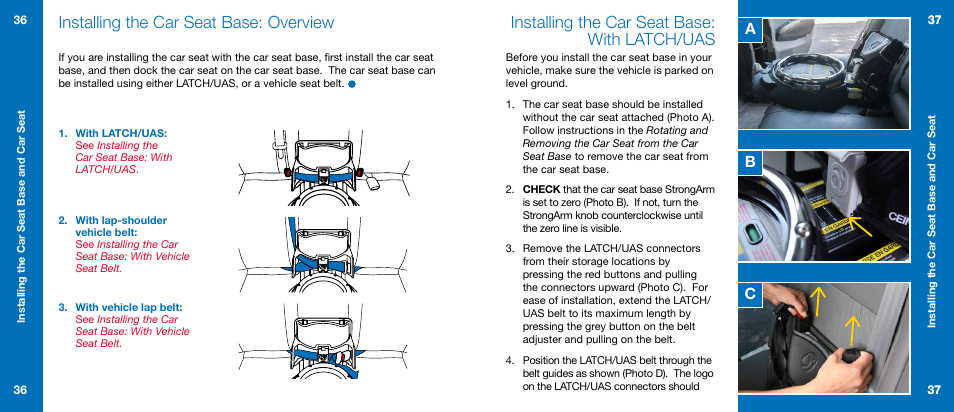 Installing the car seat base: overview, Installing the car seat base: with latch/uas, Ab c | Orbit Baby G3 Infant Car Seat and Base User Manual | Page 19 / 49