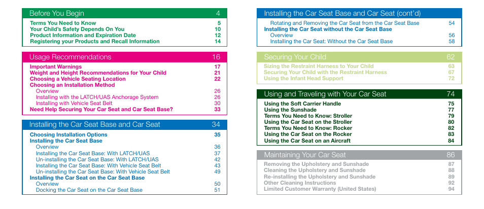 Securing your child 62, Installing the car seat base and car seat 34, Usage recommendations 16 | Before you begin 4, Installing the car seat base and car seat (cont’d) | Orbit Baby G3 Infant Car Seat and Base User Manual | Page 2 / 49