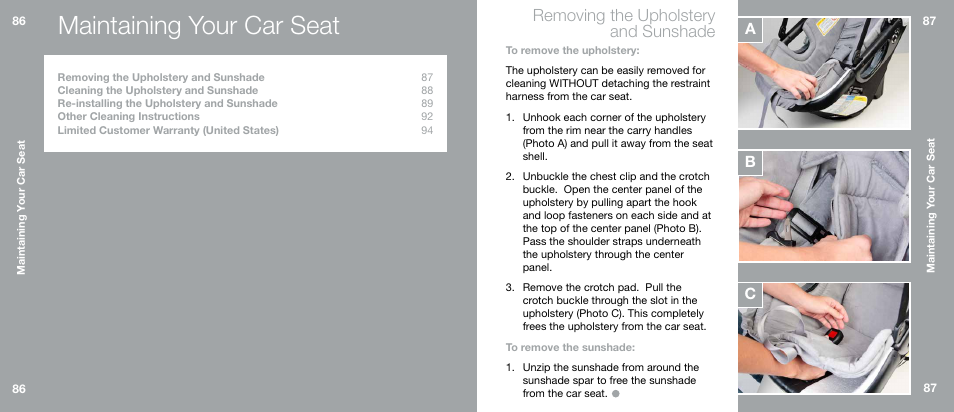 Maintaining your car seat, Removing the upholstery and sunshade, Cb a | Orbit Baby G3 Infant Car Seat and Base User Manual | Page 44 / 49