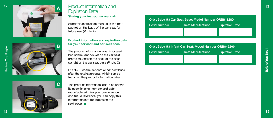 Product information and expiration date, Ab c | Orbit Baby G3 Infant Car Seat and Base User Manual | Page 7 / 49