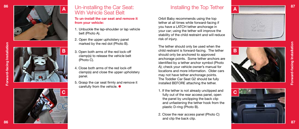 Un-installing the car seat: with vehicle seat belt, Installing the top tether, Ab b c c | Orbit Baby Toddler Car Seat G2 User Manual | Page 44 / 65