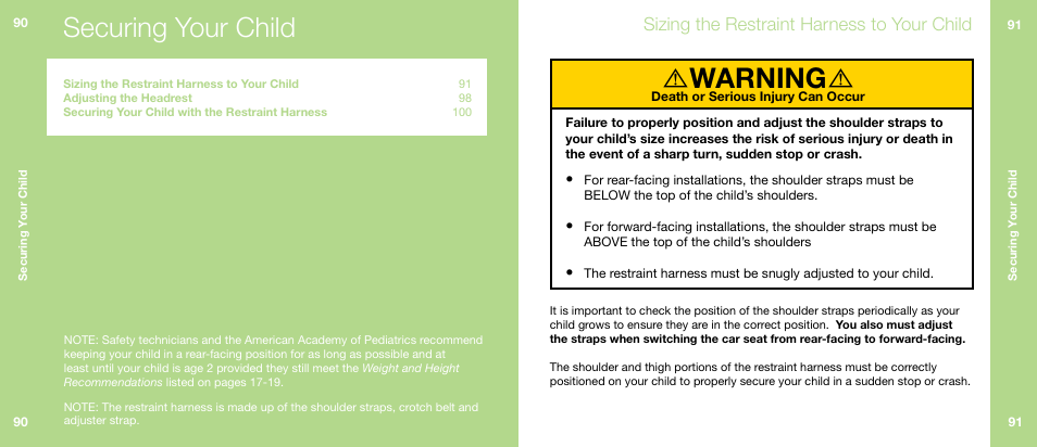 Warning, Securing your child, Sizing the restraint harness to your child | Orbit Baby Toddler Car Seat G2 User Manual | Page 46 / 65