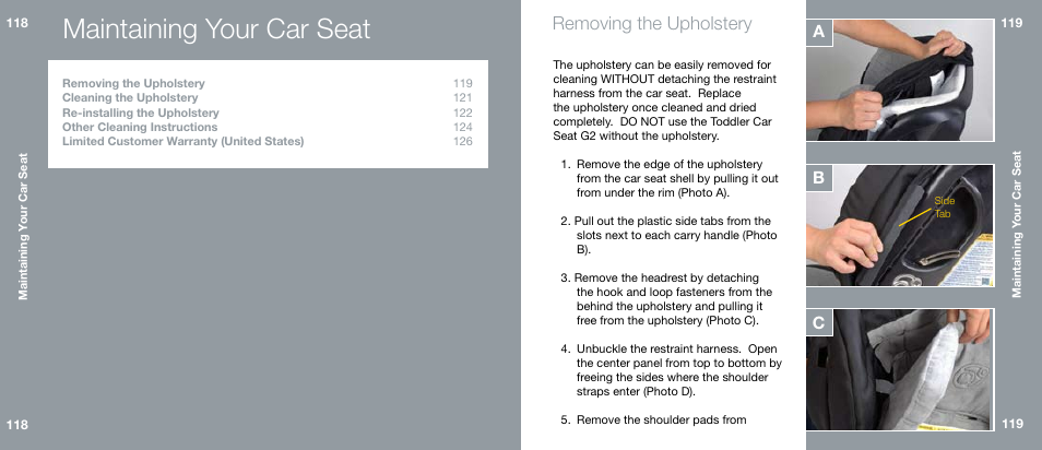 Maintaining your car seat, Removing the upholstery, Ab c | Orbit Baby Toddler Car Seat G2 User Manual | Page 60 / 65