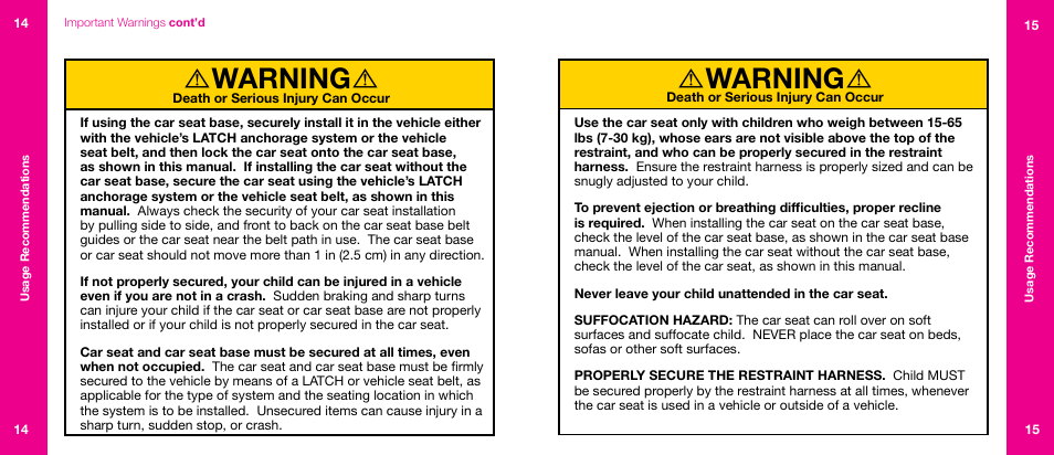 Warning | Orbit Baby Toddler Car Seat G2 User Manual | Page 8 / 65