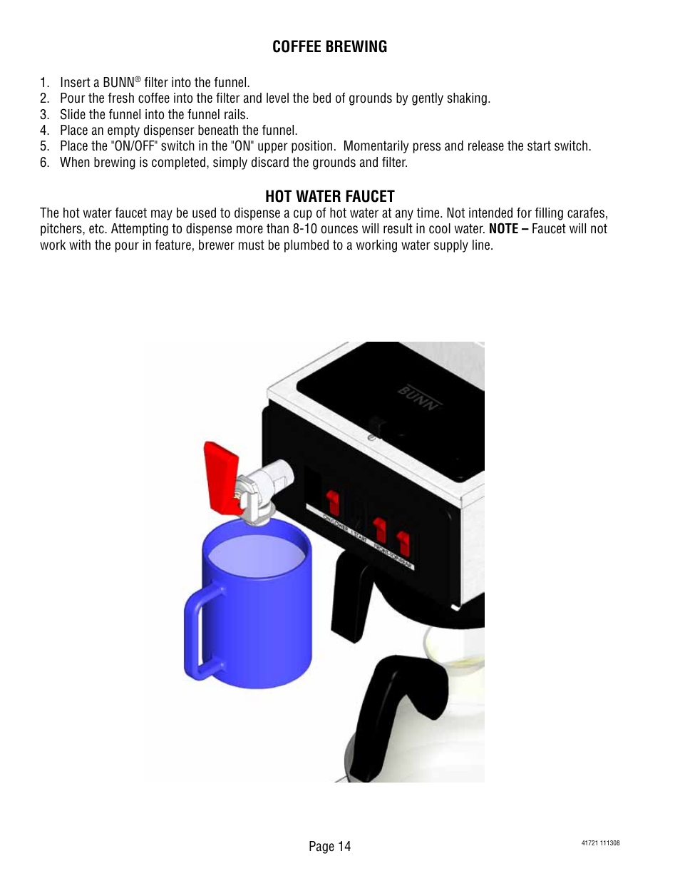 Coffee brewing, Hot water faucet | Bunn 10690 User Manual | Page 14 / 17