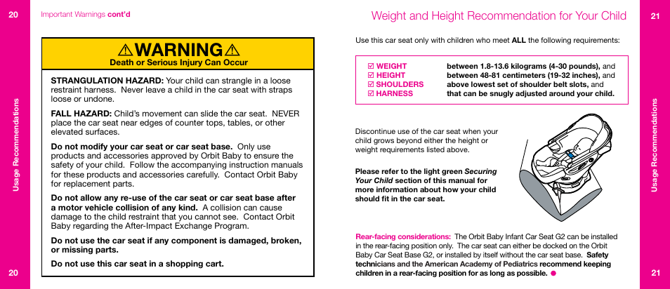 Warning, Weight and height recommendation for your child | Orbit Baby Infant Car Seat G2 and Base G2 User Manual | Page 11 / 49