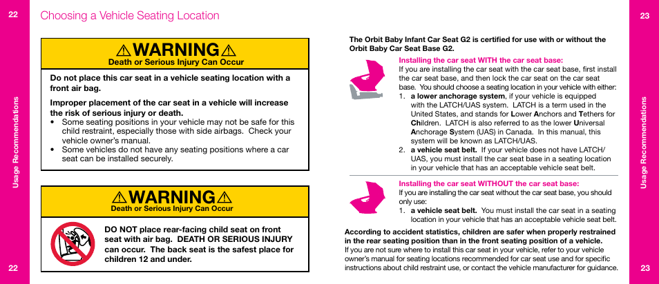 Warning, Choosing a vehicle seating location | Orbit Baby Infant Car Seat G2 and Base G2 User Manual | Page 12 / 49