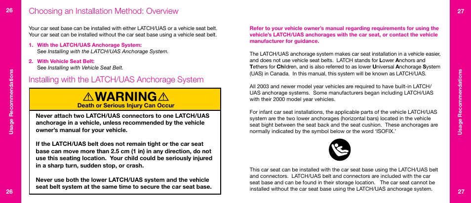 Warning, Choosing an installation method: overview, Installing with the latch/uas anchorage system | Orbit Baby Infant Car Seat G2 and Base G2 User Manual | Page 14 / 49