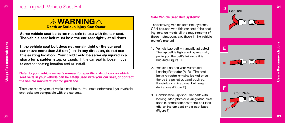 Warning, Installing with vehicle seat belt, Ef d | Orbit Baby Infant Car Seat G2 and Base G2 User Manual | Page 16 / 49