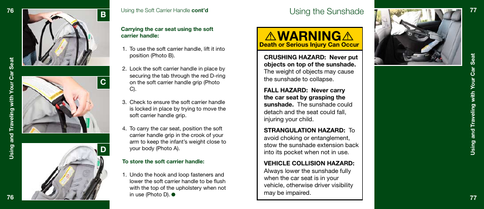 Warning, Using the sunshade, Dc b | Orbit Baby Infant Car Seat G2 and Base G2 User Manual | Page 39 / 49