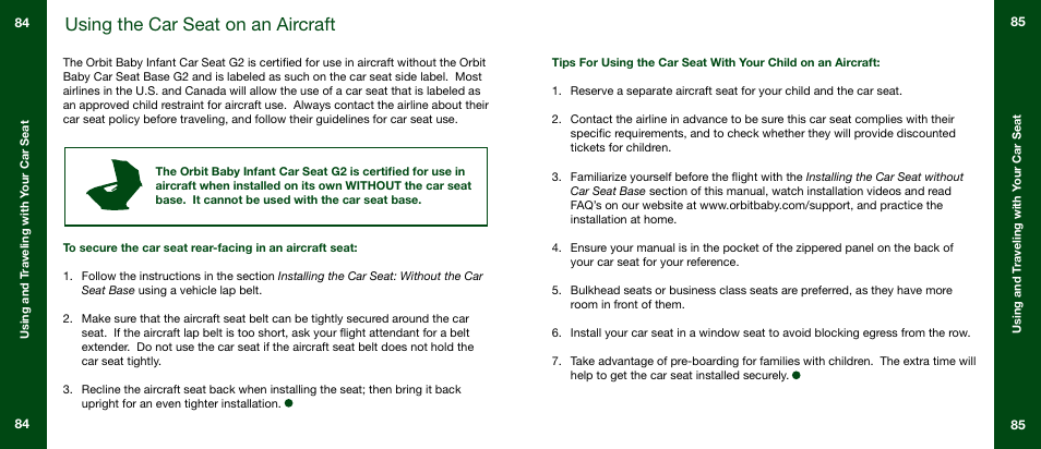 Using the car seat on an aircraft | Orbit Baby Infant Car Seat G2 and Base G2 User Manual | Page 43 / 49