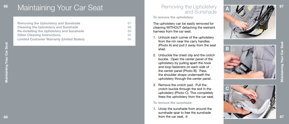 Maintaining your car seat, Removing the upholstery and sunshade, Cb a | Orbit Baby Infant Car Seat G2 and Base G2 User Manual | Page 44 / 49