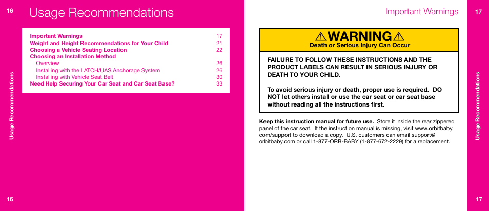 Warning, Usage recommendations, Important warnings | Orbit Baby Infant Car Seat G2 and Base G2 User Manual | Page 9 / 49