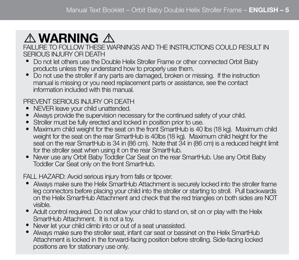 Warning | Orbit Baby Double Helix Stroller Frame User Manual | Page 13 / 28