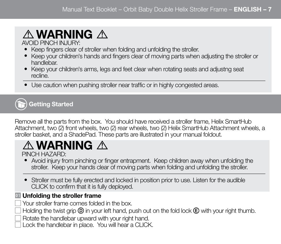 Warning | Orbit Baby Double Helix Stroller Frame User Manual | Page 15 / 28