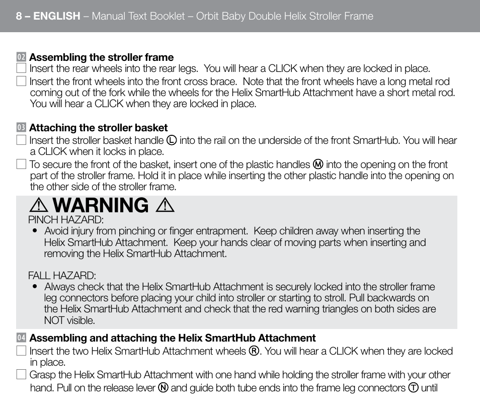 Warning | Orbit Baby Double Helix Stroller Frame User Manual | Page 16 / 28
