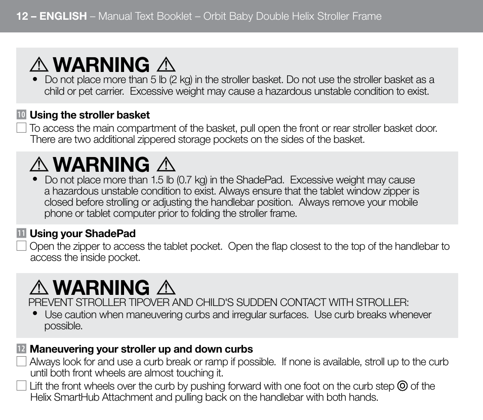 Warning | Orbit Baby Double Helix Stroller Frame User Manual | Page 20 / 28