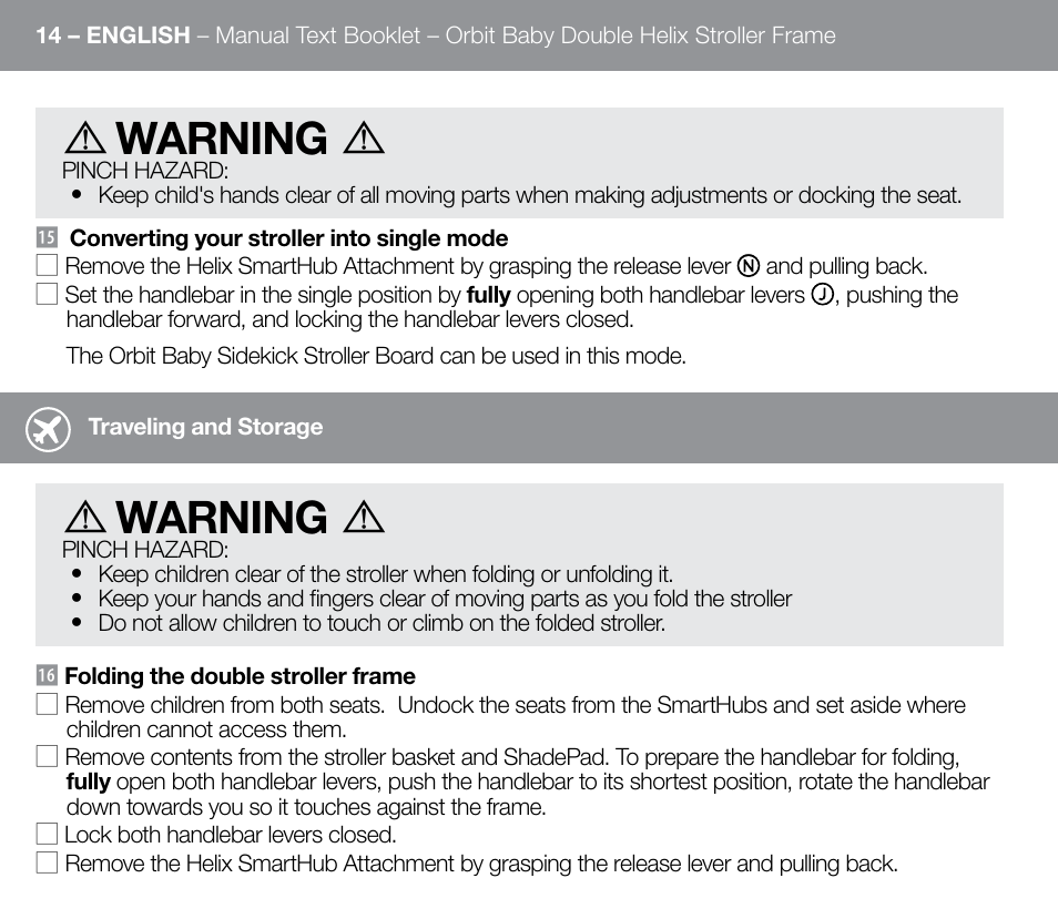 Warning | Orbit Baby Double Helix Stroller Frame User Manual | Page 22 / 28