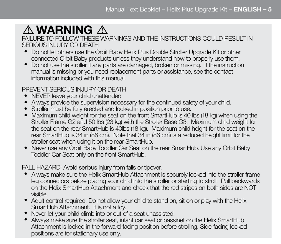 Warning | Orbit Baby Helix Plus Double Stroller Version A User Manual | Page 13 / 32