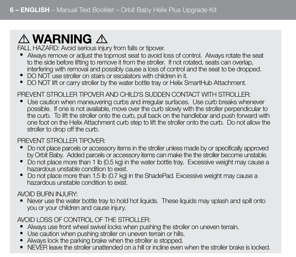 Warning | Orbit Baby Helix Plus Double Stroller Version A User Manual | Page 14 / 32