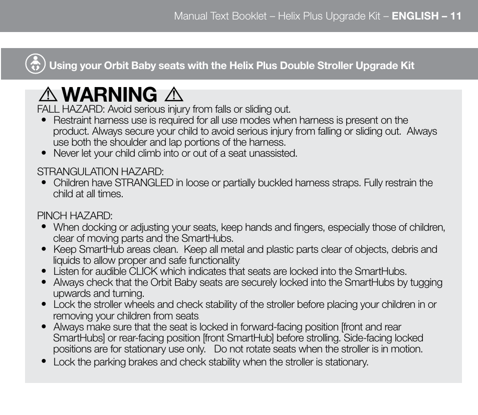 Warning | Orbit Baby Helix Plus Double Stroller Version A User Manual | Page 19 / 32
