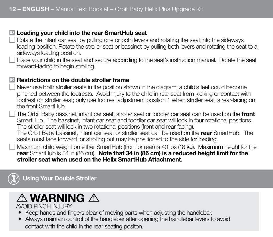 Warning | Orbit Baby Helix Plus Double Stroller Version A User Manual | Page 20 / 32