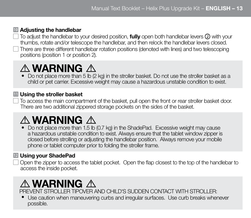 Warning | Orbit Baby Helix Plus Double Stroller Version A User Manual | Page 21 / 32