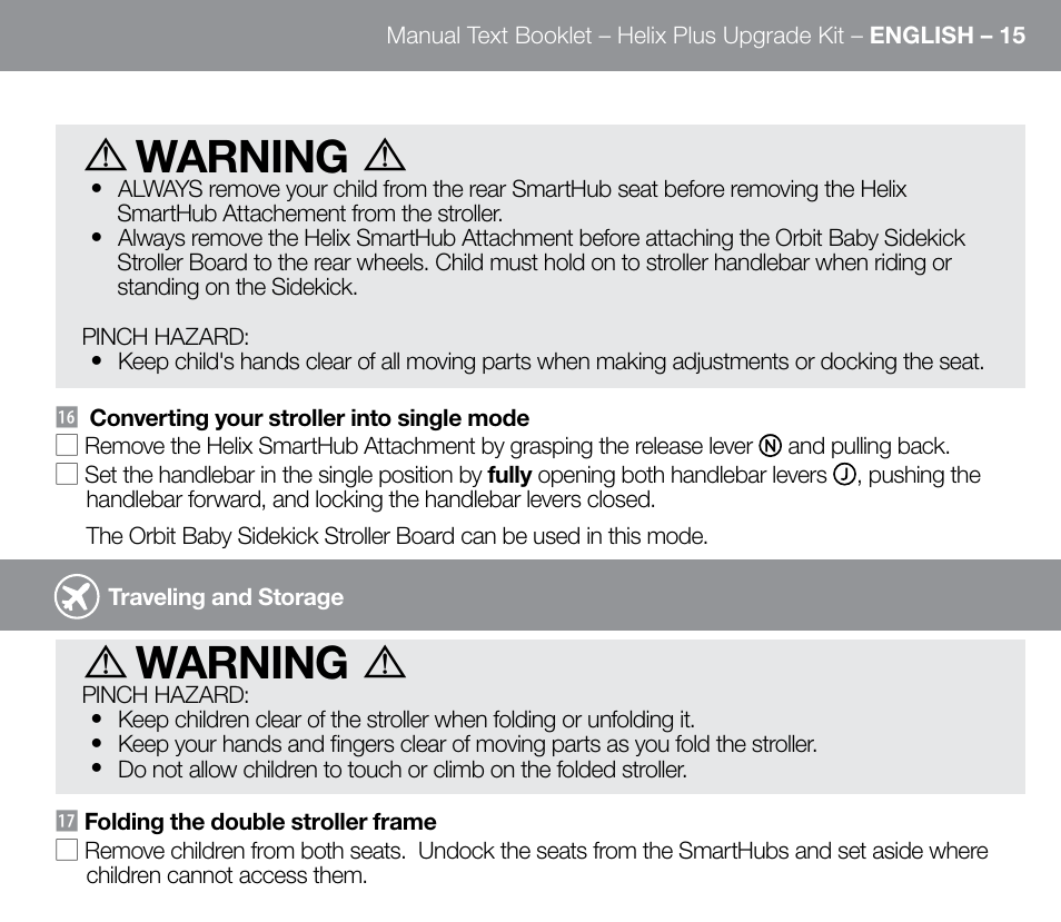 Warning | Orbit Baby Helix Plus Double Stroller Version A User Manual | Page 23 / 32