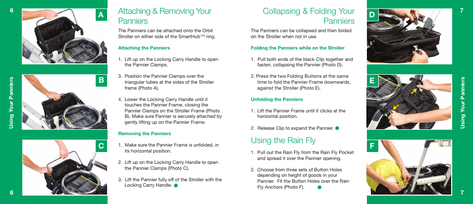 Attaching & removing your panniers, Collapsing & folding your panniers, Using the rain fly | Orbit Baby Stroller Panniers User Manual | Page 4 / 7