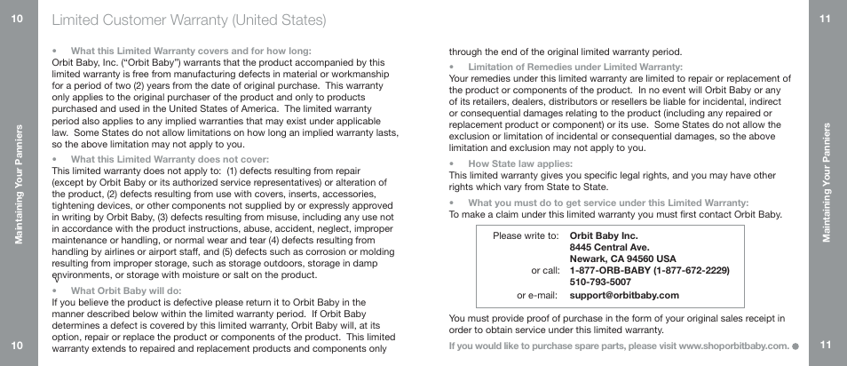 Limited customer warranty (united states) | Orbit Baby Stroller Panniers User Manual | Page 6 / 7