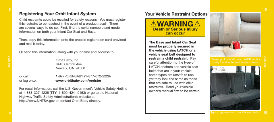 Warning, Registering your orbit infant system, Your vehicle restraint options | Orbit Baby Infant Car Seat and generation-one Base User Manual | Page 10 / 47