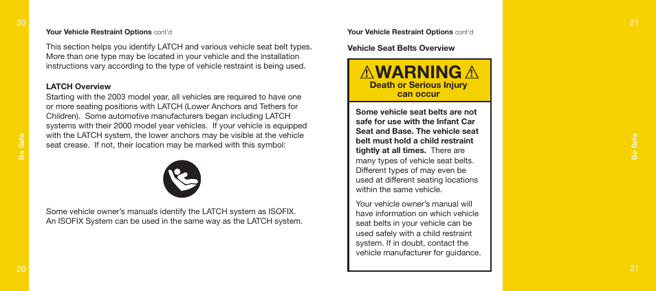 Warning | Orbit Baby Infant Car Seat and generation-one Base User Manual | Page 11 / 47