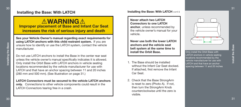 Warning, Installing the base: with latch | Orbit Baby Infant Car Seat and generation-one Base User Manual | Page 16 / 47