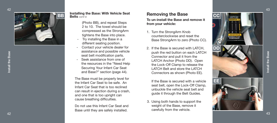 Removing the base, Cc dd ee bb | Orbit Baby Infant Car Seat and generation-one Base User Manual | Page 22 / 47