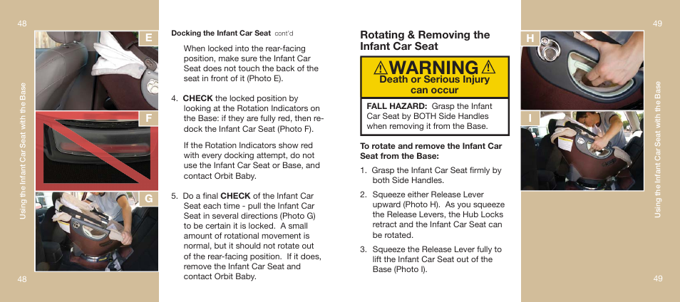 Warning, Rotating & removing the infant car seat, Hi e f g | Orbit Baby Infant Car Seat and generation-one Base User Manual | Page 25 / 47