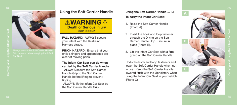 Warning, Using the soft carrier handle, Ab c | Orbit Baby Infant Car Seat and generation-one Base User Manual | Page 33 / 47