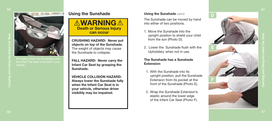 Warning, Using the sunshade, De f | Orbit Baby Infant Car Seat and generation-one Base User Manual | Page 34 / 47