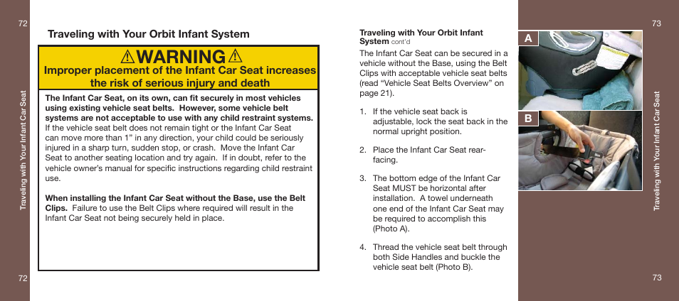 Warning, Traveling with your orbit infant system b | Orbit Baby Infant Car Seat and generation-one Base User Manual | Page 37 / 47