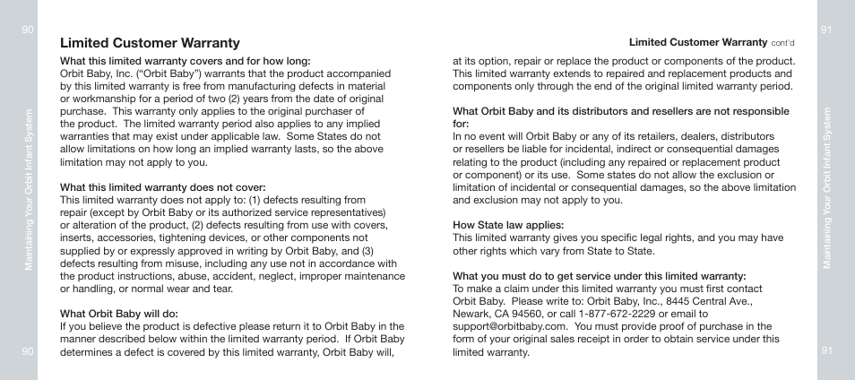 Limited customer warranty | Orbit Baby Infant Car Seat and generation-one Base User Manual | Page 46 / 47