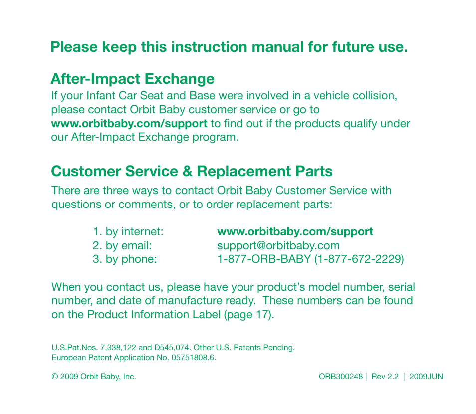 Customer service & replacement parts, After-impact exchange, Please keep this instruction manual for future use | Orbit Baby Infant Car Seat and generation-one Base User Manual | Page 47 / 47