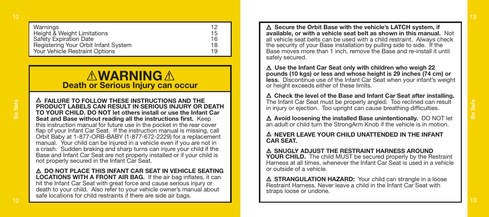Warning, Death or serious injury can occur | Orbit Baby Infant Car Seat and generation-one Base User Manual | Page 7 / 47
