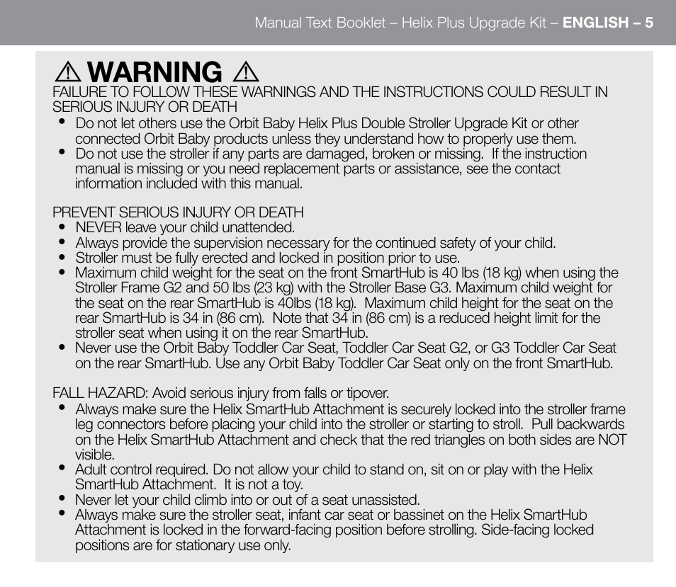 Warning | Orbit Baby Helix Plus Double Stroller Version B User Manual | Page 13 / 32