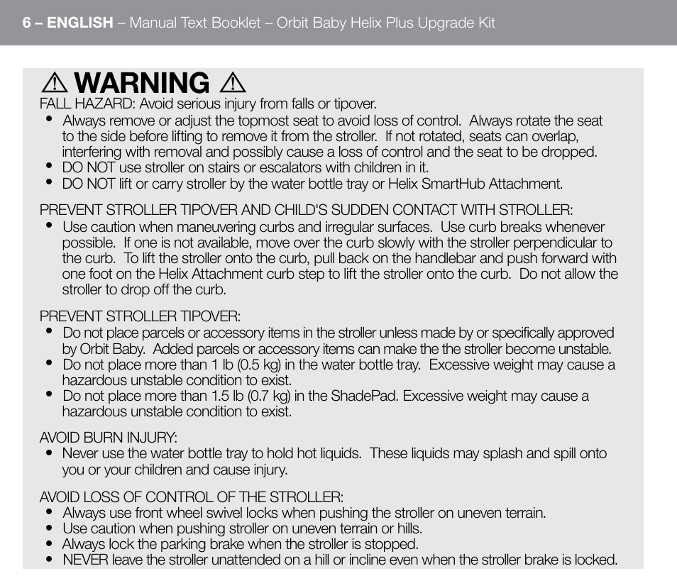 Warning | Orbit Baby Helix Plus Double Stroller Version B User Manual | Page 14 / 32