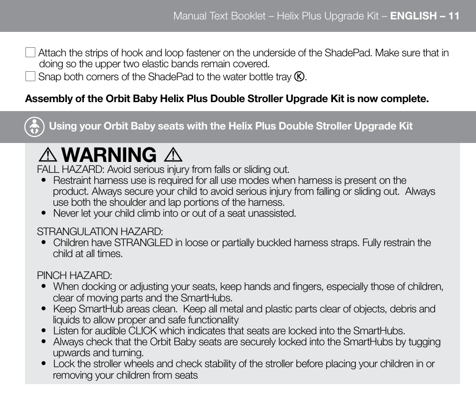 Warning | Orbit Baby Helix Plus Double Stroller Version B User Manual | Page 19 / 32