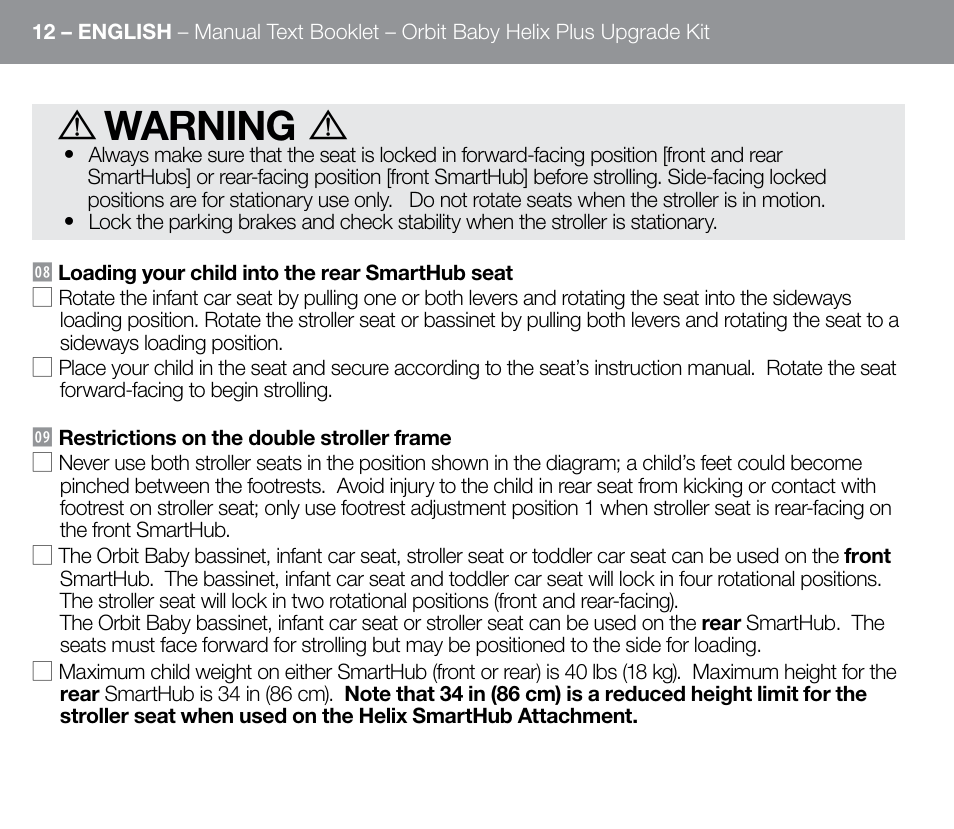 Warning | Orbit Baby Helix Plus Double Stroller Version B User Manual | Page 20 / 32