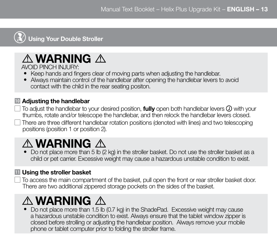 Warning | Orbit Baby Helix Plus Double Stroller Version B User Manual | Page 21 / 32
