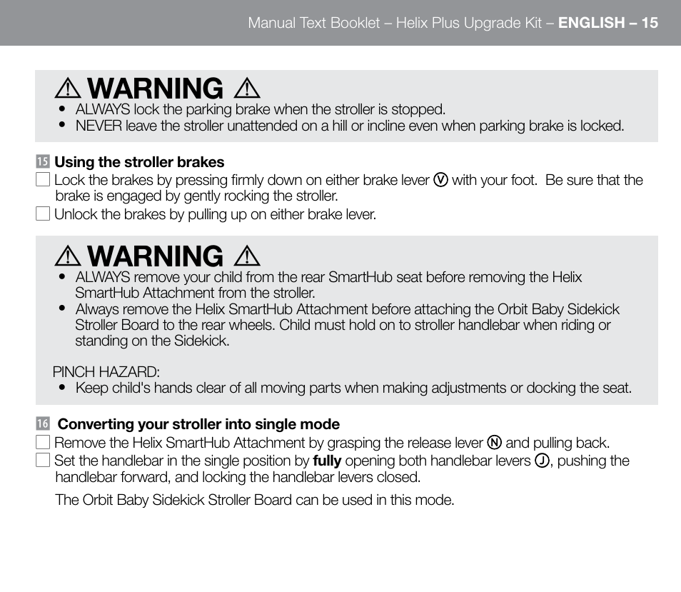 Warning | Orbit Baby Helix Plus Double Stroller Version B User Manual | Page 23 / 32